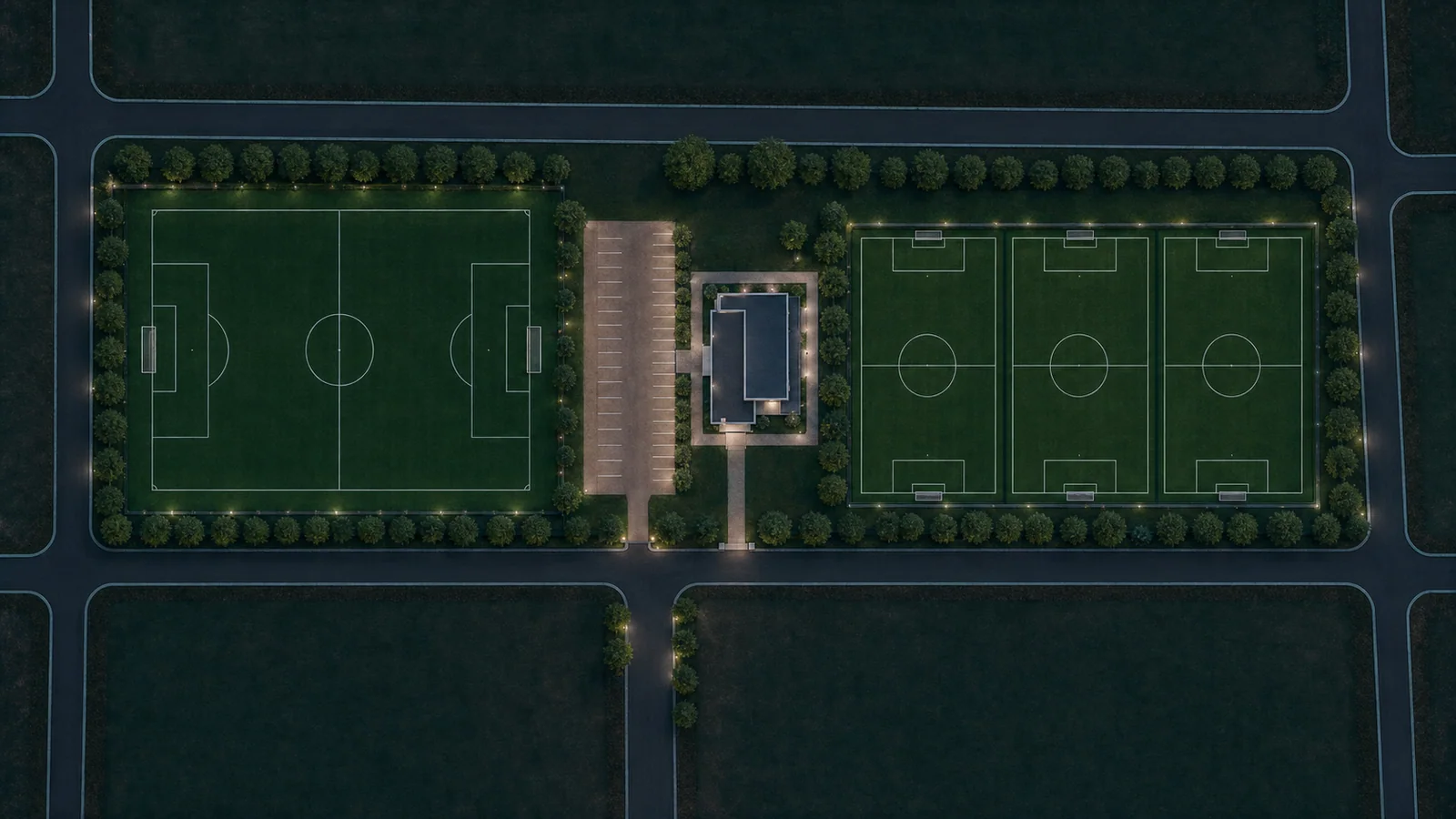 Plano del predio con cuatro canchas, ingreso y estacionamiento